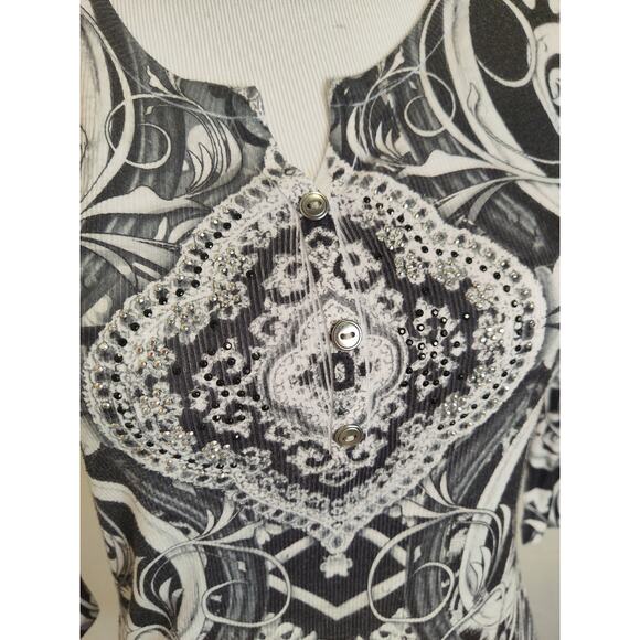 Style & Co petite embellished scroll shirt bling Henley 3/4 sleeve Small PS - Picture 7 of 8